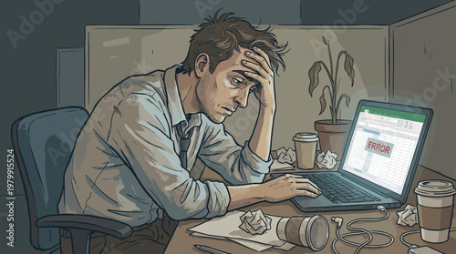 Tired Employee Sitting at Desk with Laptop Work Stress Concept Illustration