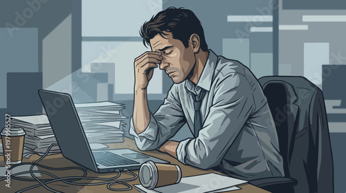 Stressed Professional Holding Head at Desk with Laptop Illustration