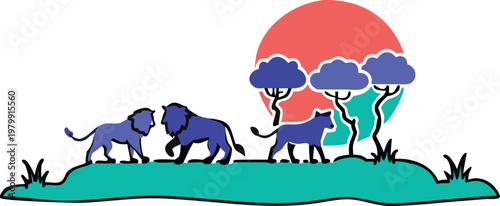 Lions walking on savanna with stylized trees and sun