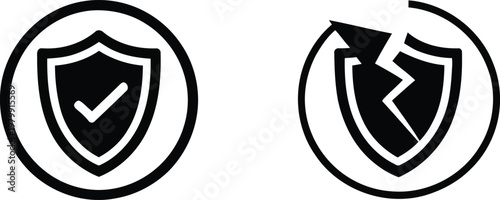 Icons showing a secure shield with a checkmark and a broken shield representing vulnerability status
