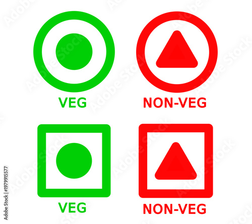 Schilderij op canvas veg and non vegetarian red meat icons green square circle icon set
