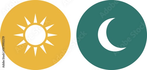 Bright yellow sun and dark green crescent moon icons representing day and night cycle symbols