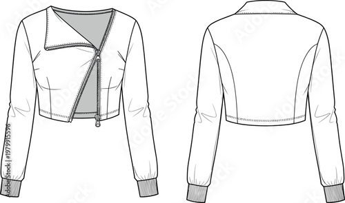 Technical Flat Sketch of Women's Cropped Asymmetrical Moto Jacket With Long Sleeves Ribbed Cuffs and Double Ended Zipper Closure Illustration
