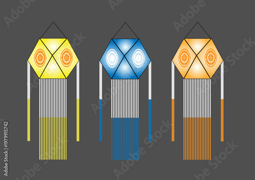 Sri Lankan Vesak Lanterns Atapattam Vesak Kudu Colorful Yellow, Blue, and Orange Festival Lights Vector