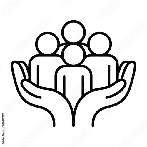 Hands cradling a group of people represented by simple circular figures