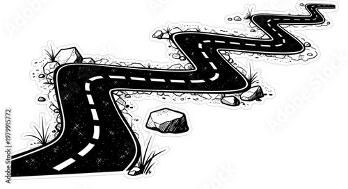 Winding Road Illustration with Rocks and Grass.