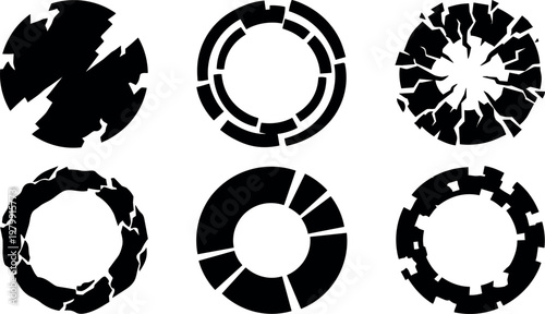 Black shattered circle cracks vector art set of six flat design elements