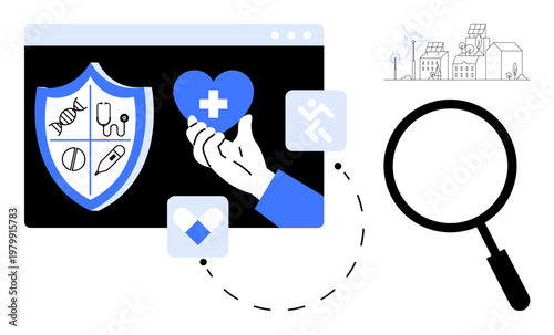 Health technology concept. Health icons such as a shield, heart, and medical symbols reflect innovation in healthcare services. Health systems, wellness innovation, health apps, digital care
