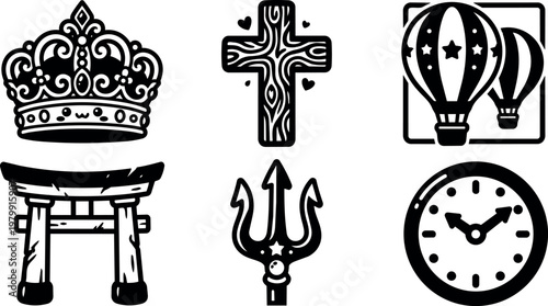 Black and white ornamental crown wooden cross torii gate trident clock and hot air balloon icons