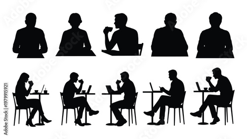 A collection of black silhouettes depicts people seated at tables some working on laptops and others dining high quality professional detailed