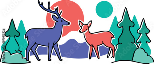Majestic blue deer and red fawn standing in teal forest with bright sun and mountain peaks
