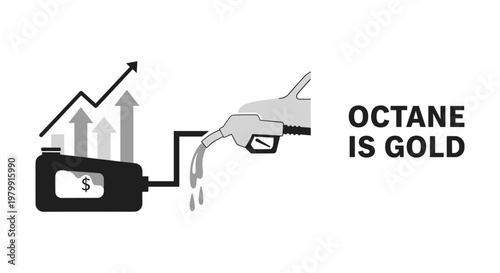 Fuel pump nozzle filling up wallet with money in black and white with arrows indicating growth for finance and economy