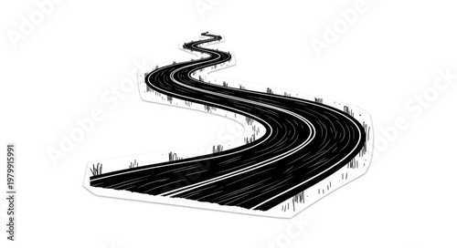 Winding Road Illustration with Tiny Silhouettes of People.