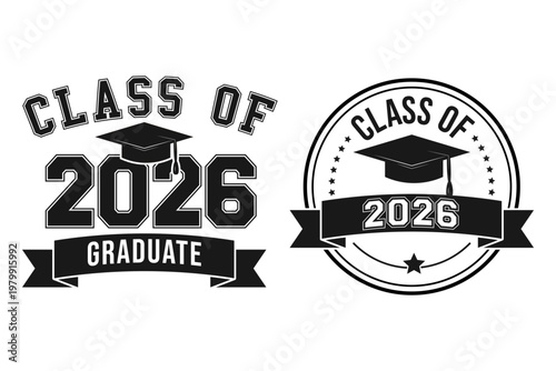 Minimal 2026 class graduation typography badge isolated background.