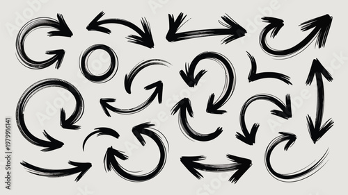 Collection of hand drawn black arrows and circular flow symbols on white