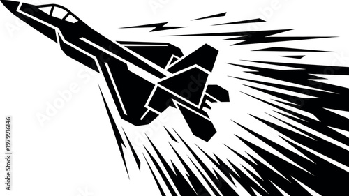 Black and white illustration of a fighter jet flying fast