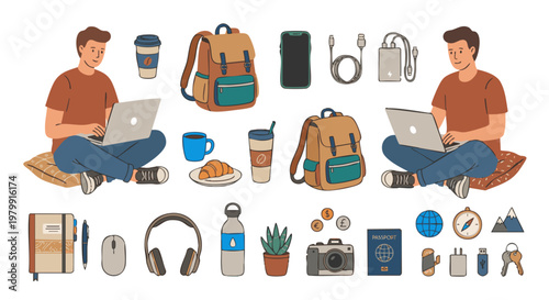 Digital nomads working on laptops with travel accessories and gear set
