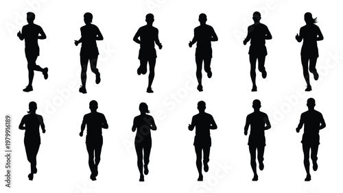 A collection of twelve black silhouettes depicting people running showcasing dynamic movement and various poses high quality professional detailed modern elegant