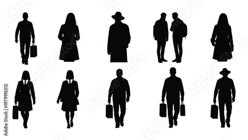 A collection of silhouetted figures primarily people walking and standing with many carrying shopping bags or briefcases high quality professional detailed