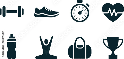 Collection of fitness and health equipment icons featuring dumbbells sneakers stopwatch heart rate and winners trophy