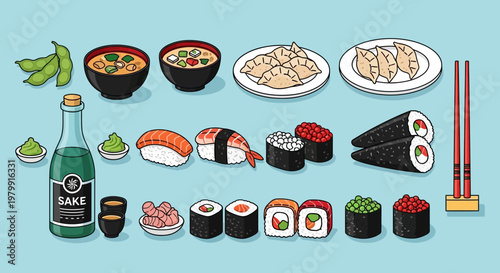 Konstfotografi Japanese Food Assortment: Sushi, Miso Soup, Gyoza, Sake, Edamame