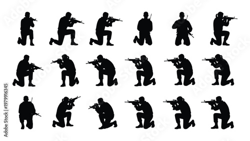A collection of black silhouette figures depicting soldiers or operatives kneeling and aiming rifles suggesting military or tactical scenarios high quality