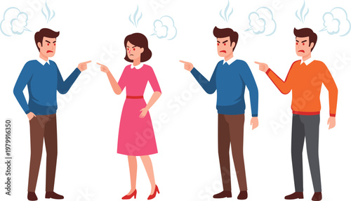 Angry People Arguing and Pointing Fingers in Conflict Situation, Cartoon Characters Expressing Disagreement, Stress, and Communication Problems in Social Interaction Illustration
