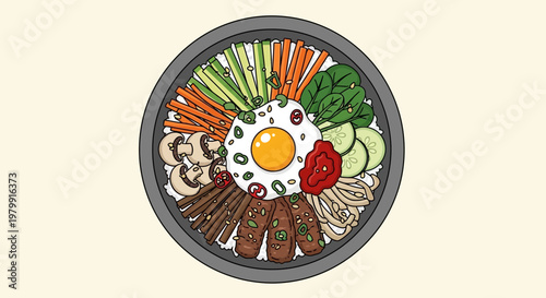 Korean Bibimbap Bowl Illustration, Healthy Rice Dish with Vegetables and Egg