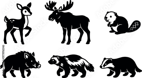 Black and white forest animal silhouettes of deer moose beaver wild boar skunk and badger