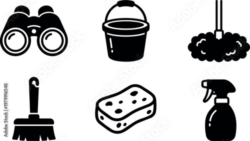 Black and white cleaning tools icon set with mop bucket and sponge