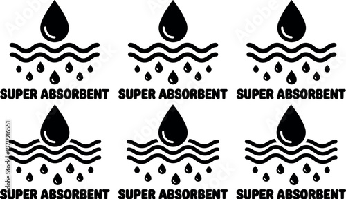 Black and white super absorbent water drop icon with wavy lines vector art