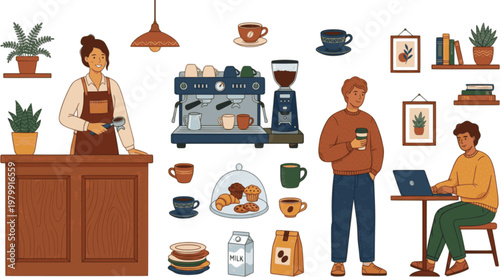 Coffee shop interior elements set with barista behind counter and customers