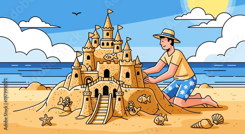 Man building elaborate sandcastle on sunny beach with ocean and sky background