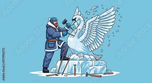 Foto Man carving swan ice sculpture with hammer and chisel in winter