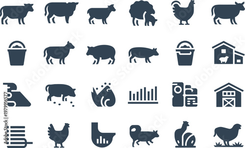 Set of various farm animal icons including livestock and poultry for agricultural and ranching business themes
