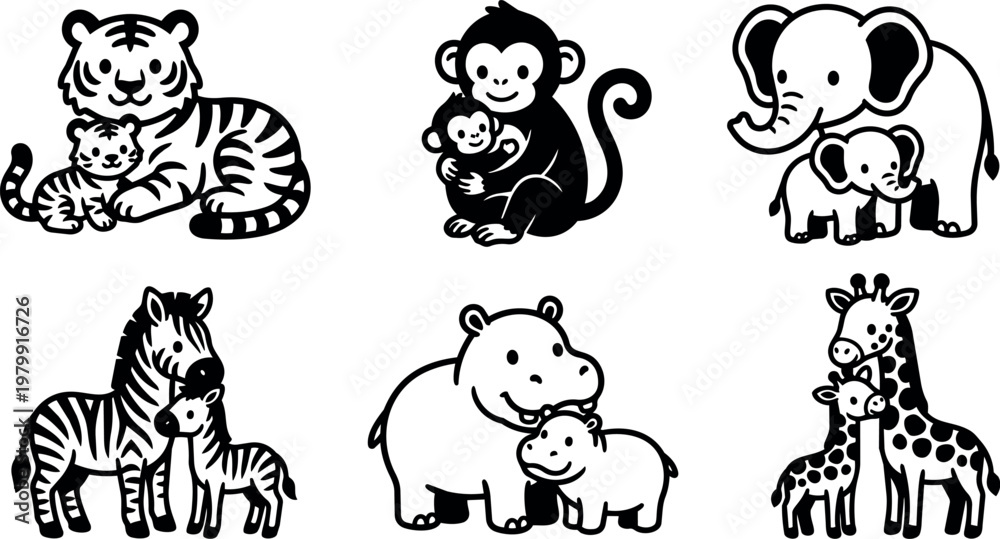 Fototapeta premium Black and white line art mother animals with babies tiger monkey elephant zebra hippo giraffe
