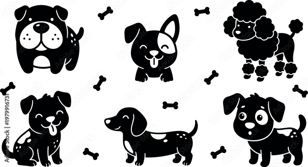 Fototapeta premium Black and white flat design cartoon dogs with bones vector art