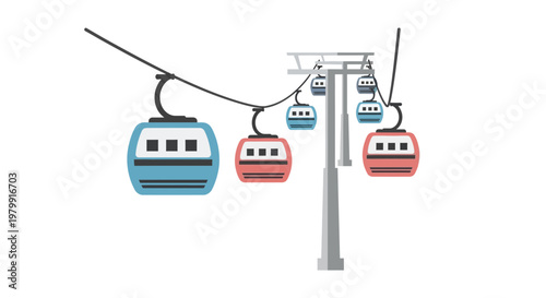 Modern Cable Car Gondolas in a Row on a White Background