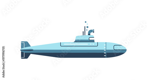 Modern blue submarine underwater, naval vessel, vector illustration