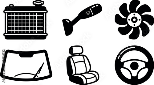 Black and white line art car radiator windshield wiper switch fan seat steering wheel