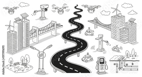 Winding Road Through Cityscape with Bridges and Buildings Sketch.