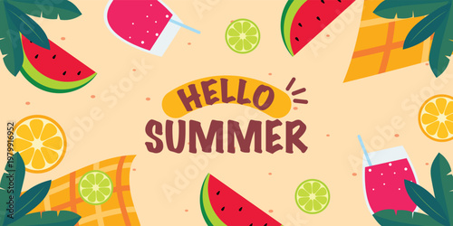 Hello Summer Beach Banners with Tropical Fruits and Drinks
