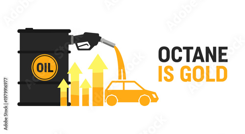 Oil barrel with increasing arrows and car in gold and black color scheme for finance and energy