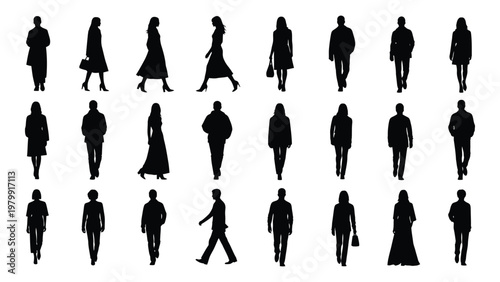 A collection of twenty seven black silhouettes depicting people walking in various poses and clothing styles against a white background