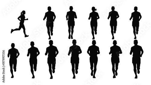 A collection of silhouetted figures depicting people running or jogging in various poses and orientations high quality professional detailed modern elegant