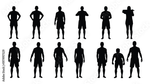 A collection of black silhouettes depicting various human figures mostly men standing in a uniform arrangement high quality professional detailed modern
