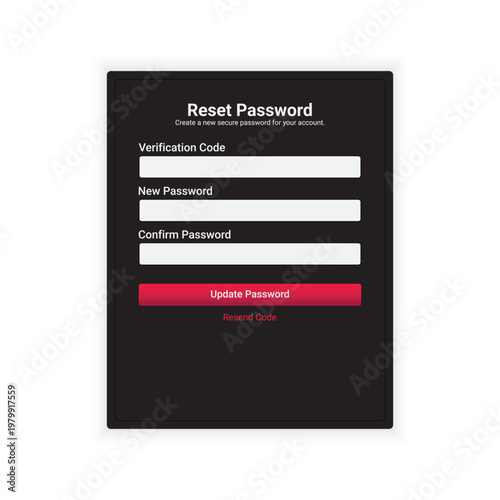 Reset Password Form UI Dark Theme with Verification Code and Secure Input Fields