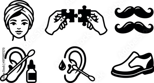 Black and white line art icons of spa woman puzzle pieces mustaches ear cleaning shoe