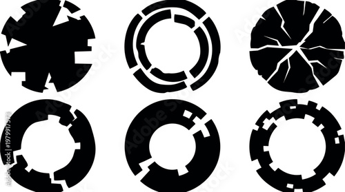Black fractured circular shapes collection in vector art style