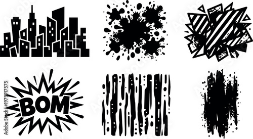 Black silhouette cityscape splatter and comic boom shapes vector art collection
